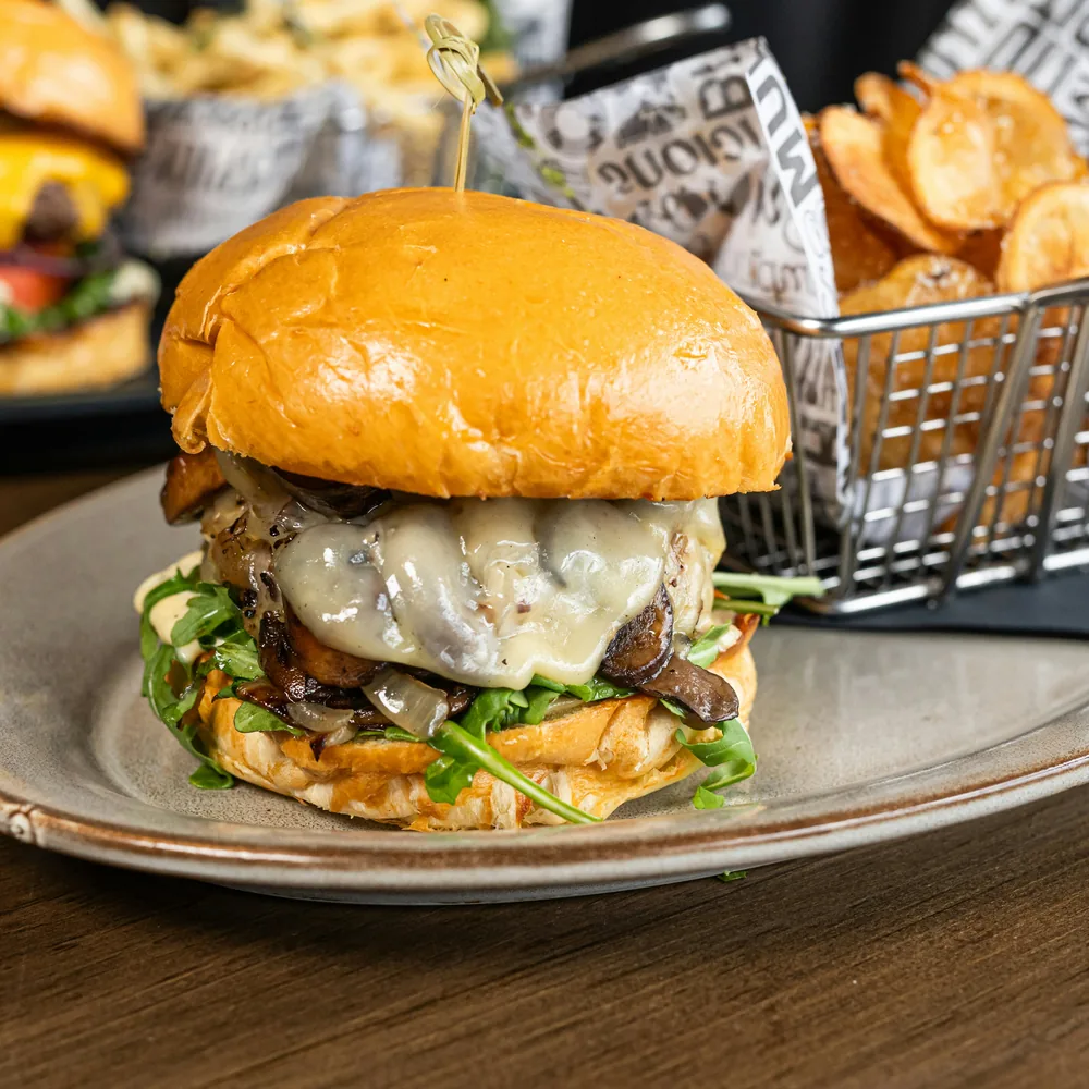 Temporary stock photograph of a burger