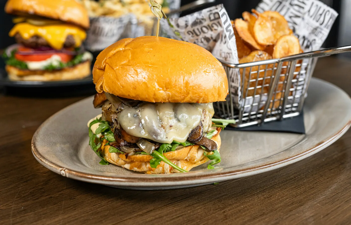 Temporary stock image of a burger and chips